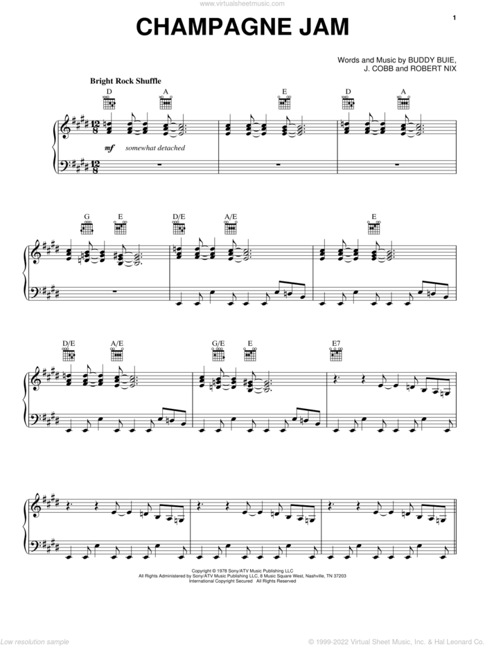 Champagne Jam sheet music for voice, piano or guitar by Atlanta Rhythm Section, intermediate skill level