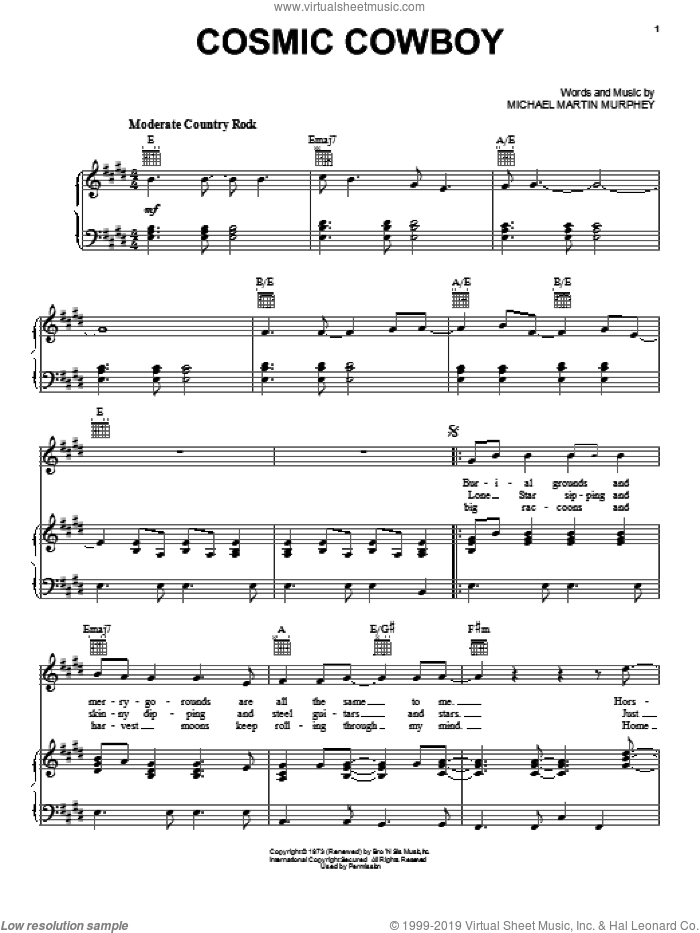 Cosmic Cowboy sheet music for voice, piano or guitar by Michael Martin Murphey, intermediate skill level