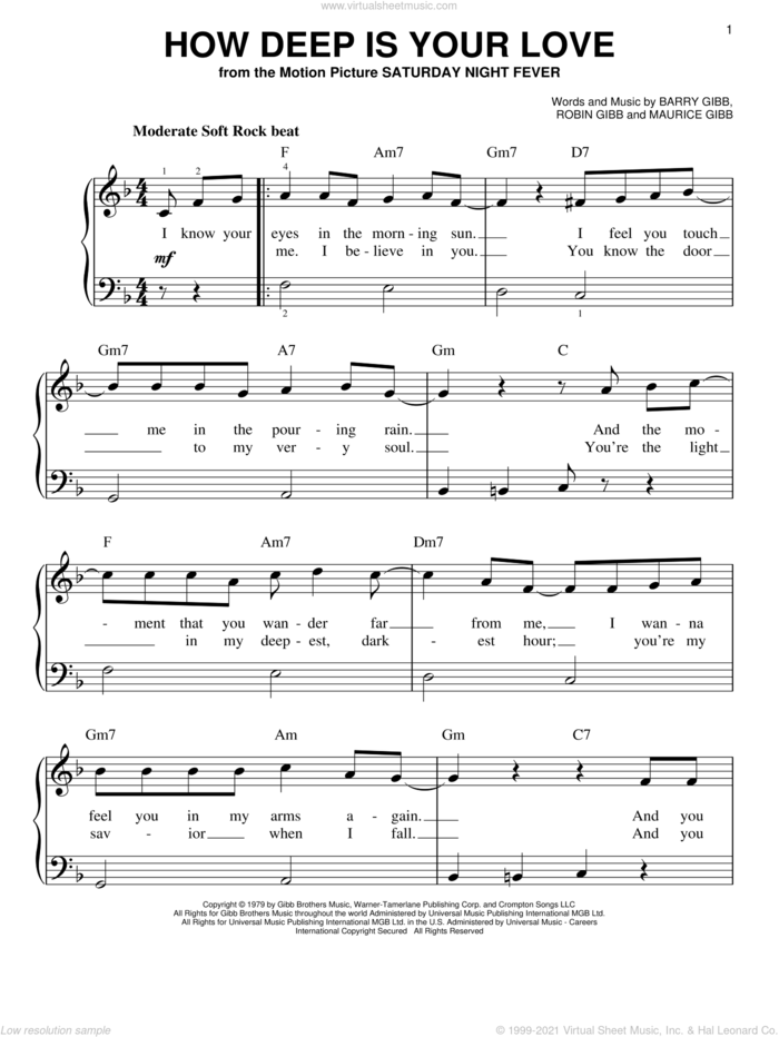 How Deep Is Your Love sheet music for piano solo by Bee Gees, Barry Gibb, Maurice Gibb and Robin Gibb, easy skill level