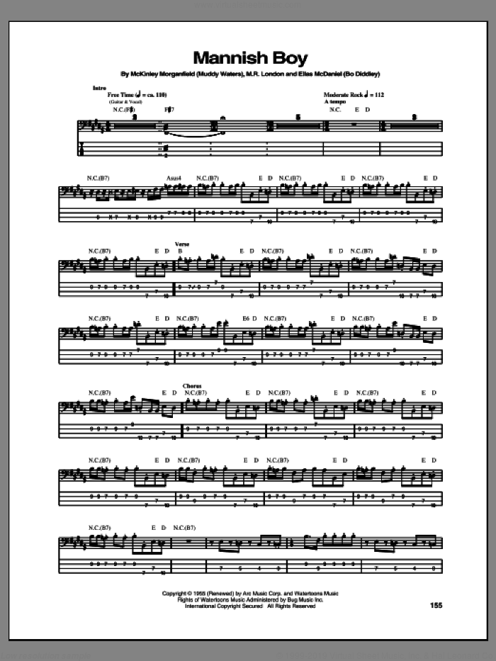 Mannish Boy sheet music for bass (tablature) (bass guitar) by Jimi Hendrix, intermediate skill level