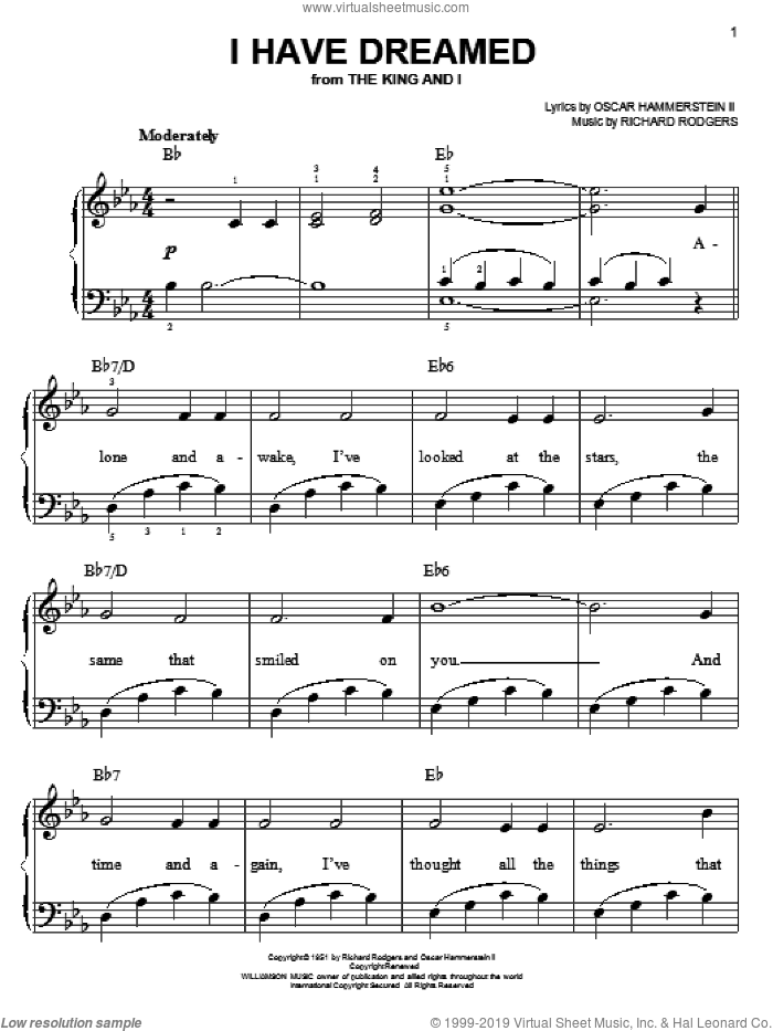 I Have Dreamed, (easy) sheet music for piano solo by Rodgers & Hammerstein, The King And I (Musical), Oscar II Hammerstein and Richard Rodgers, easy skill level