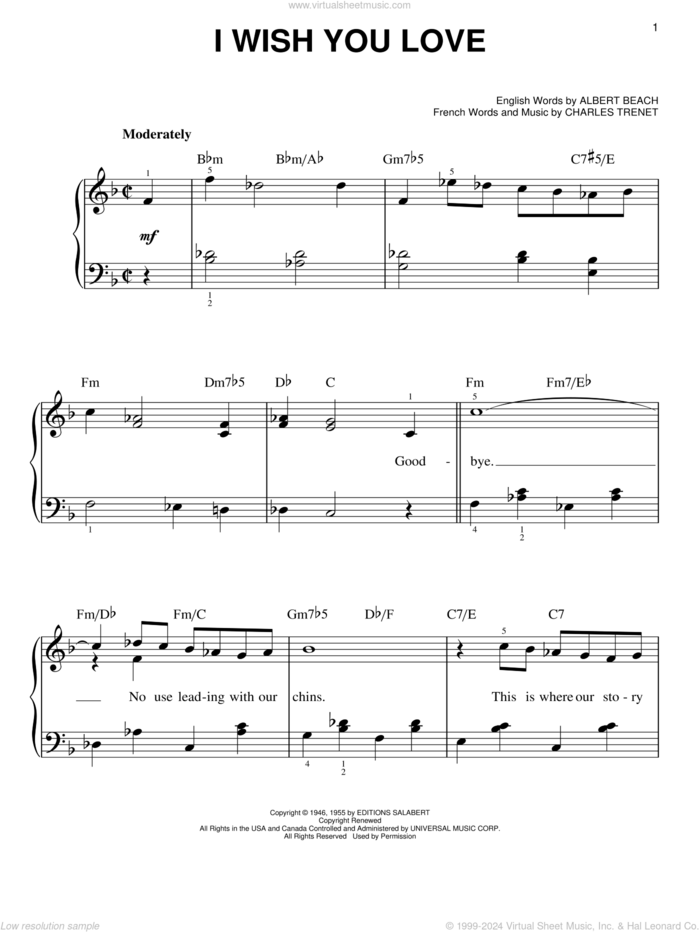 I Wish You Love sheet music for piano solo by Gloria Lynne, Albert Beach and Charles Trenet, easy skill level