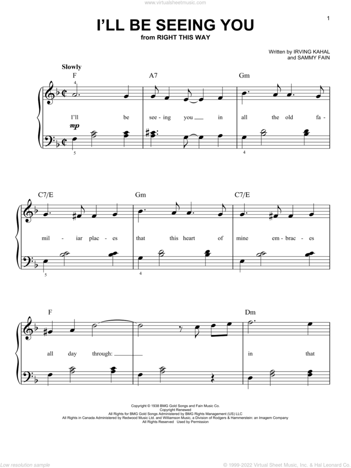 I'll Be Seeing You sheet music for piano solo by Sammy Fain and Irving Kahal, easy skill level