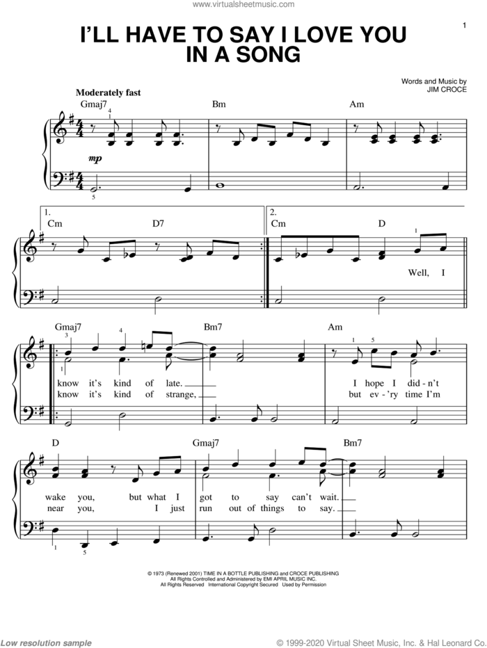 I'll Have To Say I Love You In A Song sheet music for piano solo by Jim Croce, wedding score, easy skill level