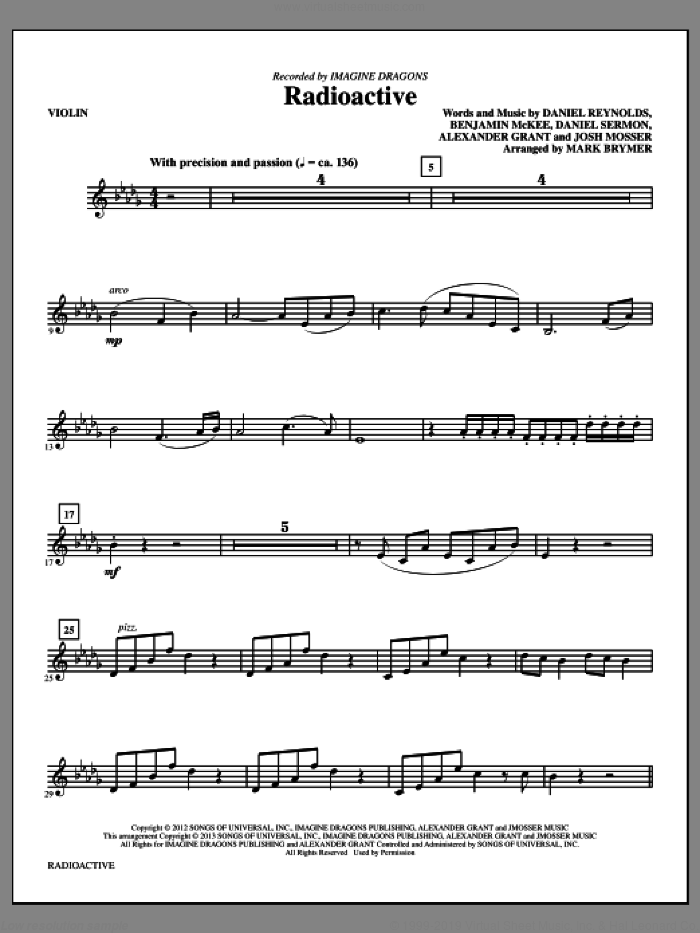 Radioactive (complete set of parts) sheet music for orchestra/band by Mark Brymer and Imagine Dragons, intermediate skill level