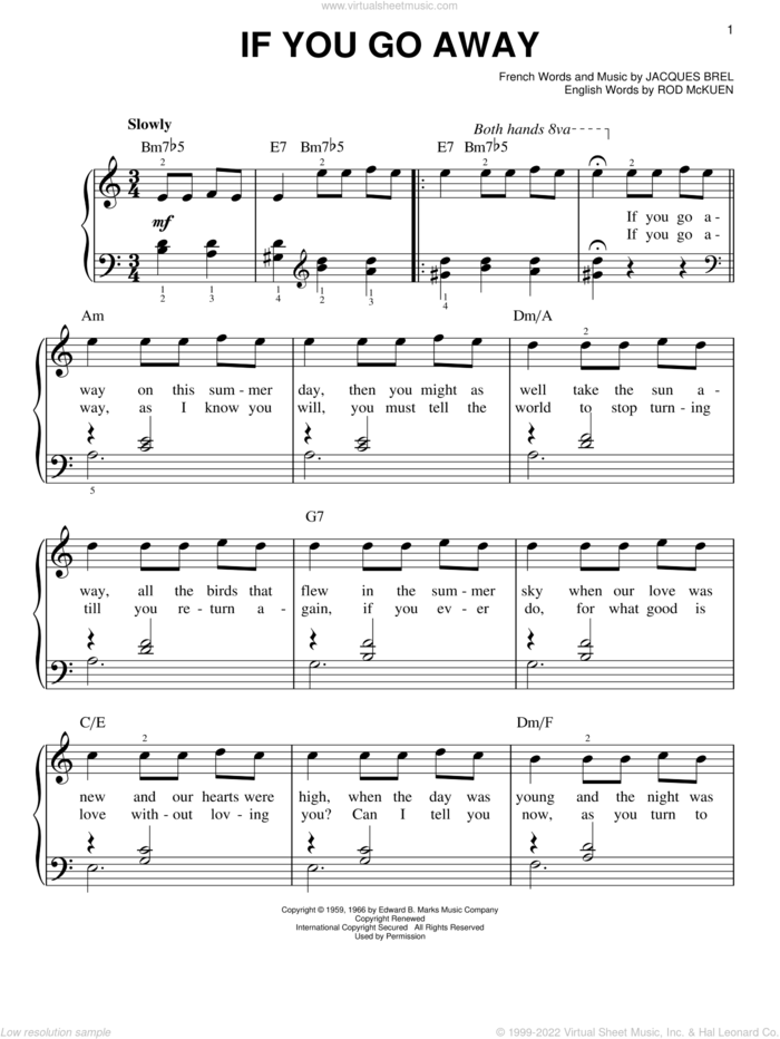 If You Go Away sheet music for piano solo by Jacques Brel and Rod McKuen, easy skill level