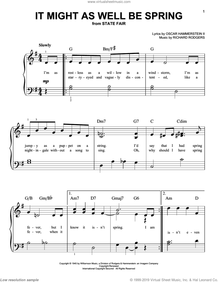 It Might As Well Be Spring sheet music for piano solo by Rodgers & Hammerstein, State Fair (Musical), Oscar II Hammerstein and Richard Rodgers, easy skill level