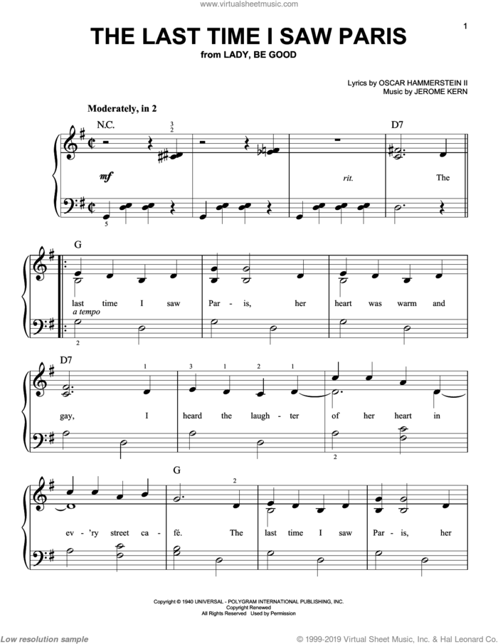 The Last Time I Saw Paris sheet music for piano solo by Jerome Kern and Oscar II Hammerstein, easy skill level