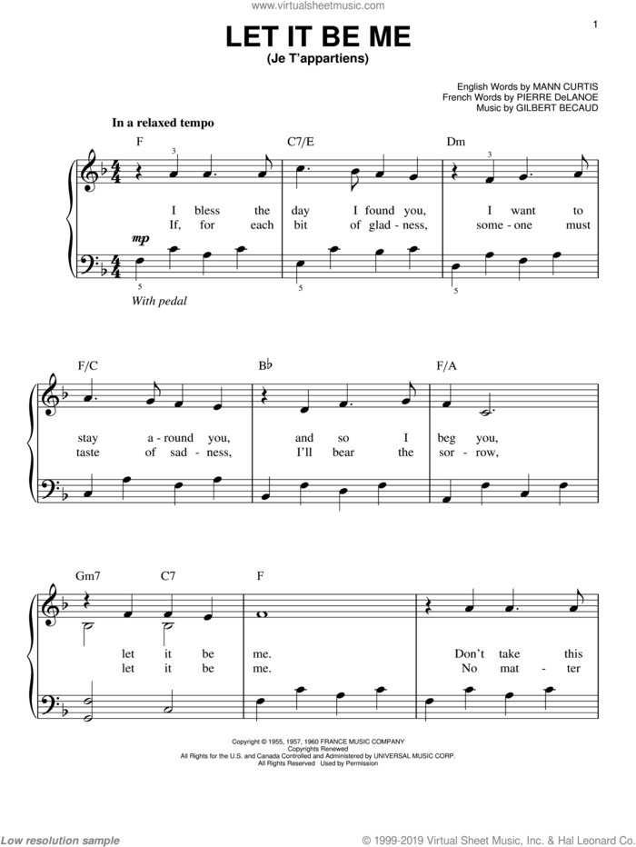 Let It Be Me (Je T'appartiens) sheet music for piano solo by Elvis Presley, Gilbert Becaud, Mann Curtis and Pierre Delanoe, wedding score, easy skill level