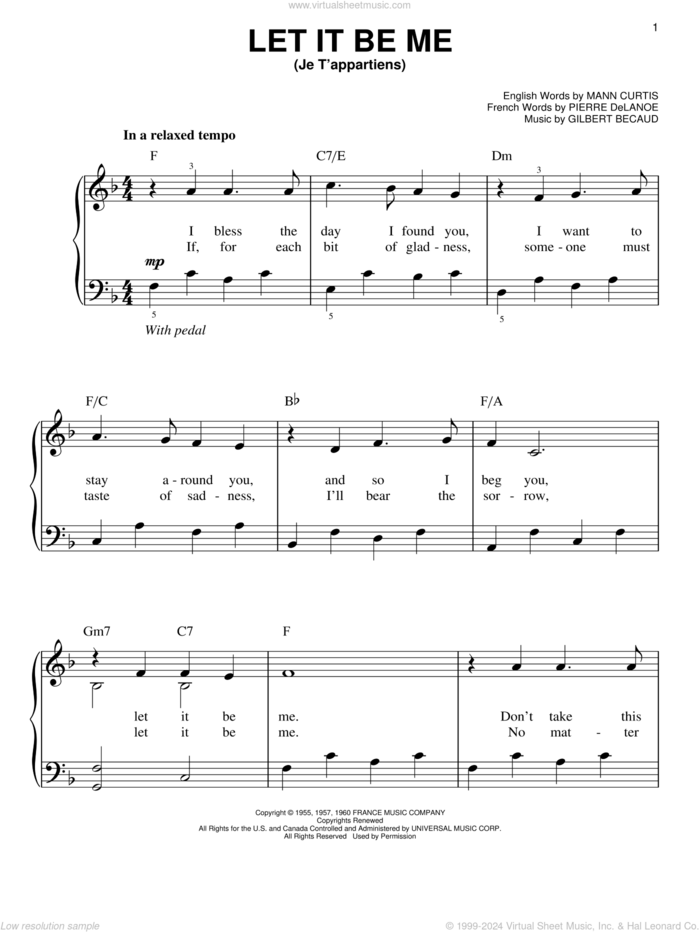 Let It Be Me (Je T'appartiens) sheet music for piano solo by Elvis Presley, Gilbert Becaud, Mann Curtis and Pierre Delanoe, wedding score, easy skill level