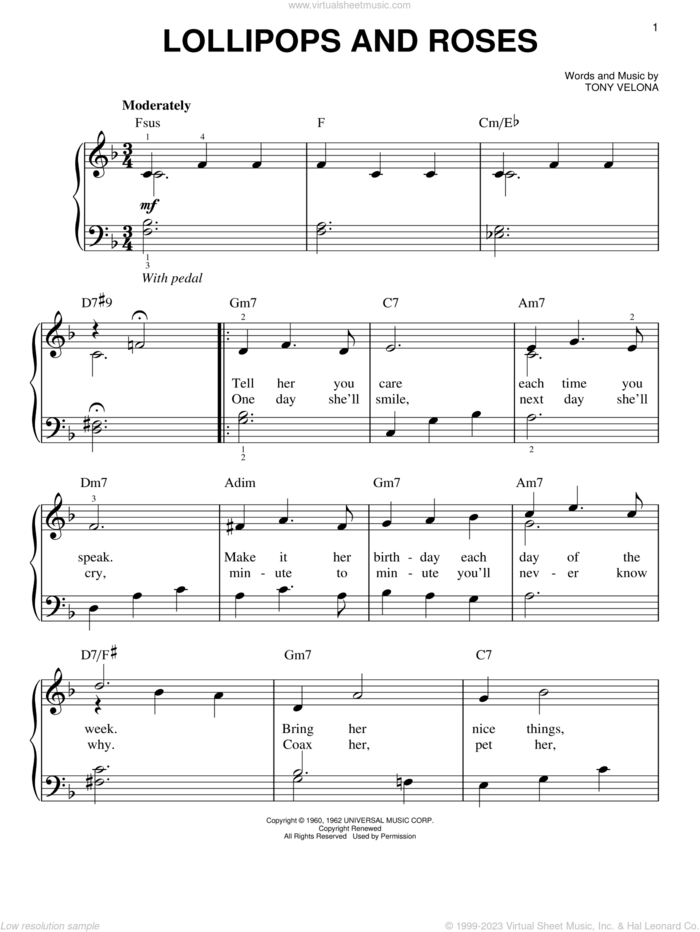 Lollipops And Roses, (easy) sheet music for piano solo by Jack Jones, Herb Alpert, Herb Alpert & The Tijuana Brass and Tony Velona, easy skill level