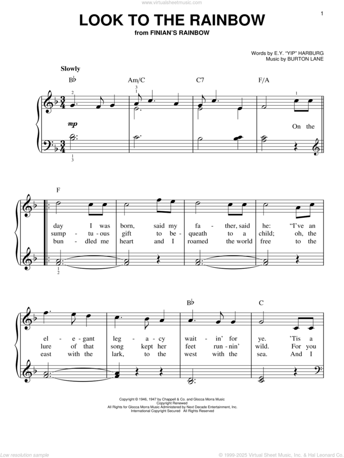 Look To The Rainbow sheet music for piano solo by E.Y. Harburg and Burton Lane, easy skill level