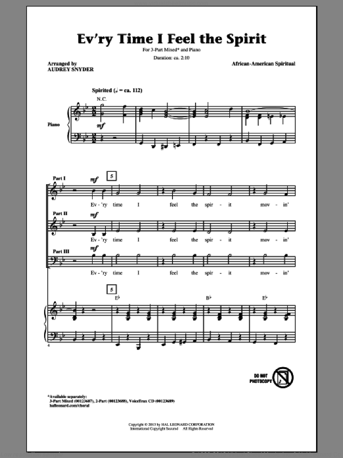 Every Time I Feel The Spirit sheet music for choir (3-Part Mixed) by Audrey Snyder and Miscellaneous, intermediate skill level