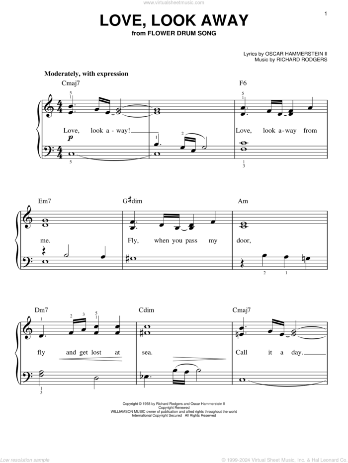 Love, Look Away sheet music for piano solo by Rodgers & Hammerstein, Oscar II Hammerstein and Richard Rodgers, easy skill level