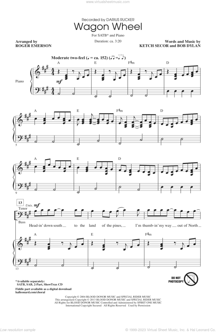 Wagon Wheel sheet music for choir (SATB: soprano, alto, tenor, bass) by Roger Emerson, Bob Dylan, Darius Rucker and Old Crow Medicine Show, intermediate skill level
