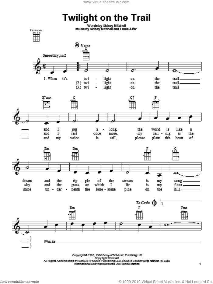 Twilight On The Trail sheet music for ukulele by Gene Autry, Louis Alter and Sidney Mitchell, intermediate skill level