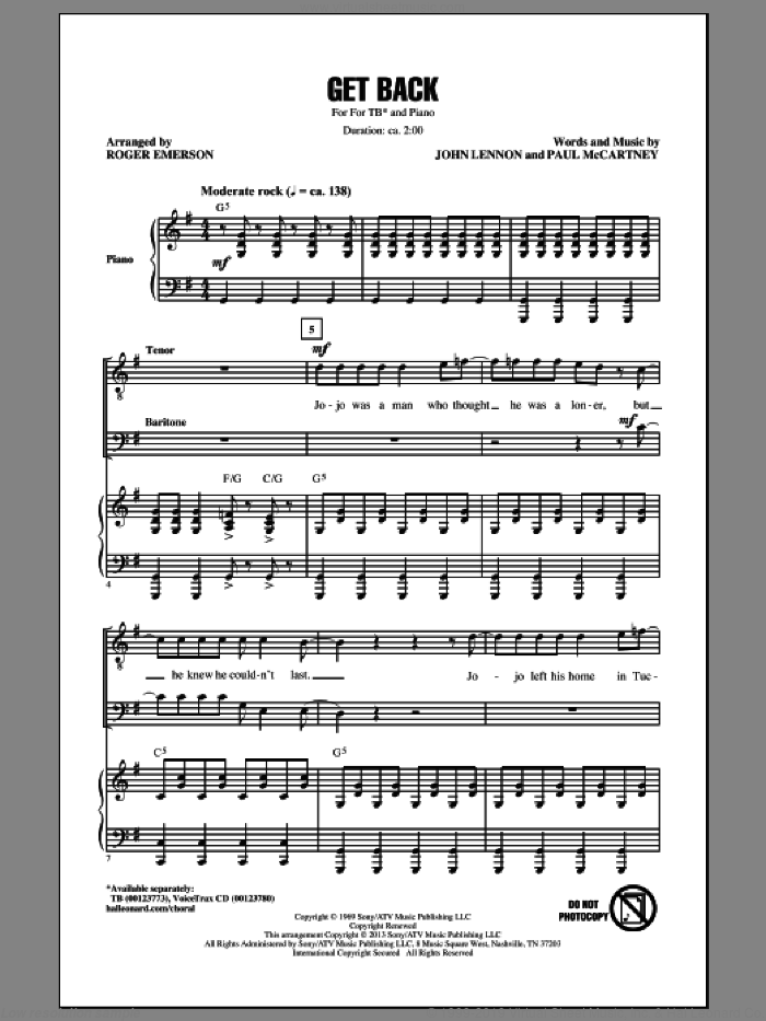 Get Back sheet music for choir (TB: tenor, bass) by The Beatles, John Lennon, Paul McCartney and Roger Emerson, intermediate skill level