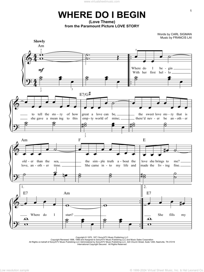 Williams - Where Do I Begin (Love Theme), (easy) sheet music for piano solo