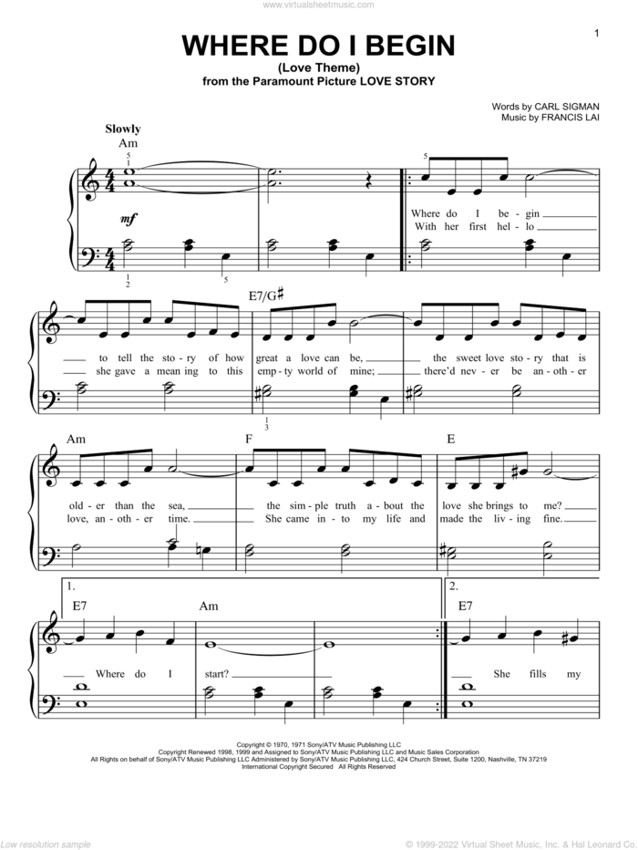 Where Do I Begin (Love Theme), (easy) sheet music for piano solo by Andy Williams, Carl Sigman and Francis Lai, easy skill level