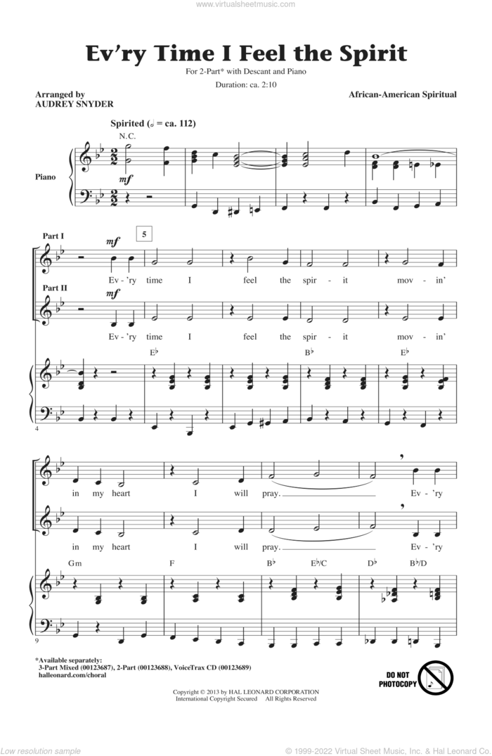 Every Time I Feel The Spirit sheet music for choir (2-Part) by Audrey Snyder and Miscellaneous, intermediate duet