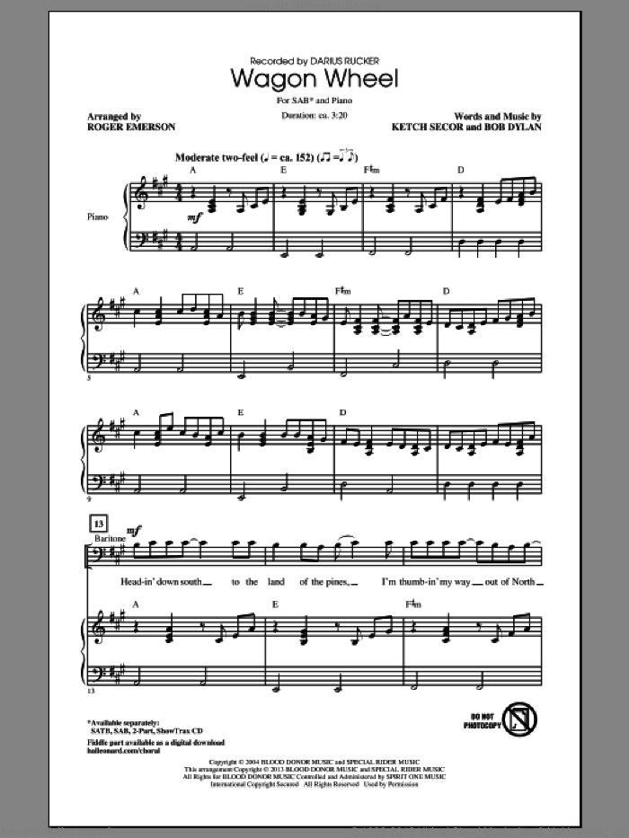 Wagon Wheel sheet music for choir (SAB: soprano, alto, bass) by Roger Emerson, Bob Dylan, Darius Rucker and Old Crow Medicine Show, intermediate skill level