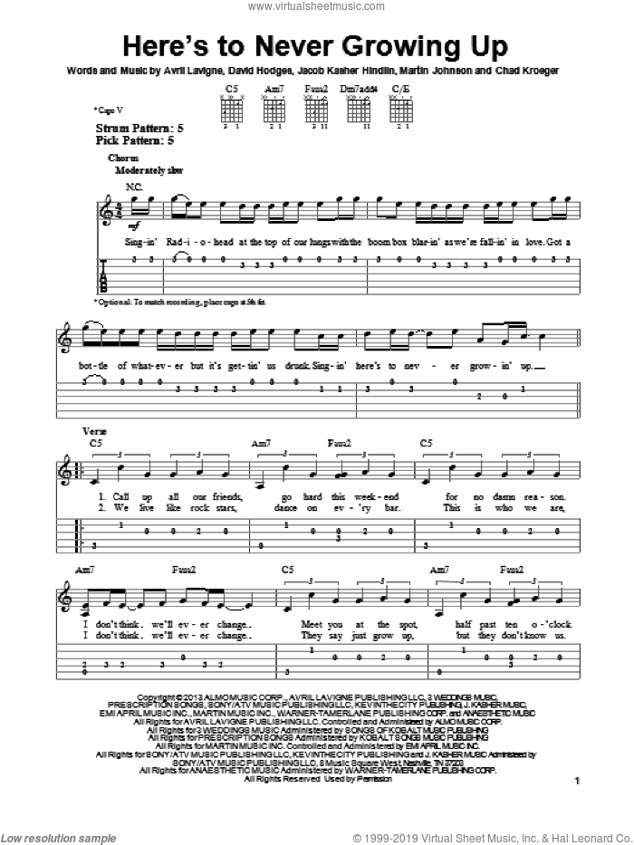 Here's To Never Growing Up sheet music for guitar solo (easy tablature) by Avril Lavigne, easy guitar (easy tablature)