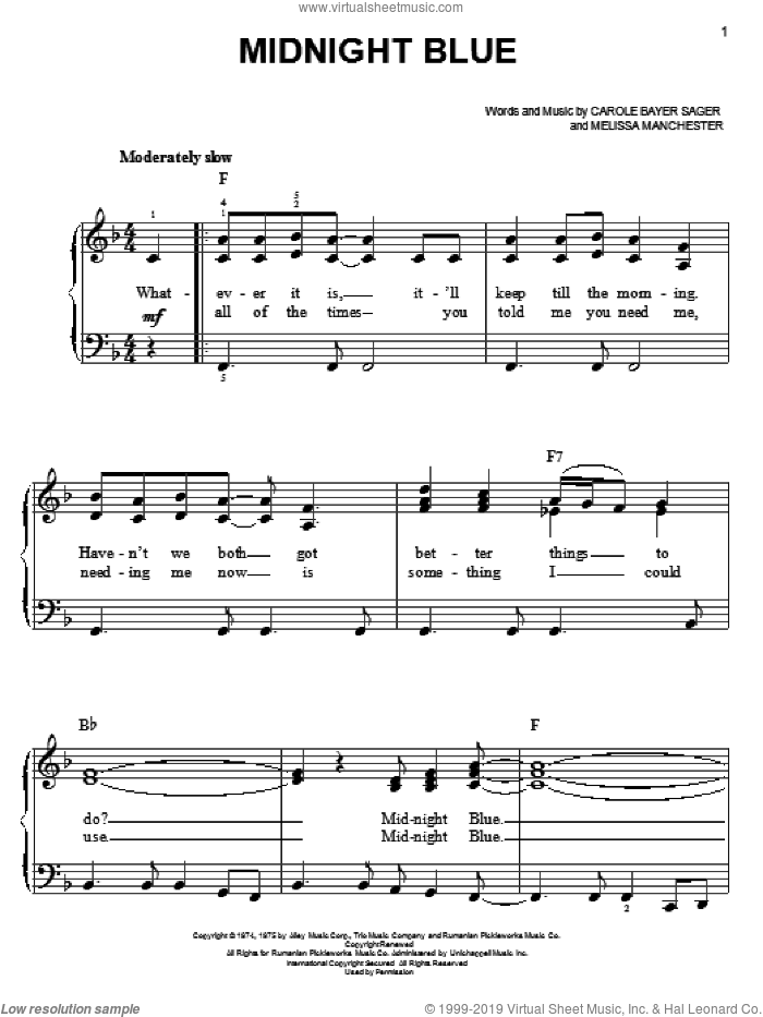 Midnight Blue sheet music for piano solo by Melissa Manchester and Carole Bayer Sager, easy skill level