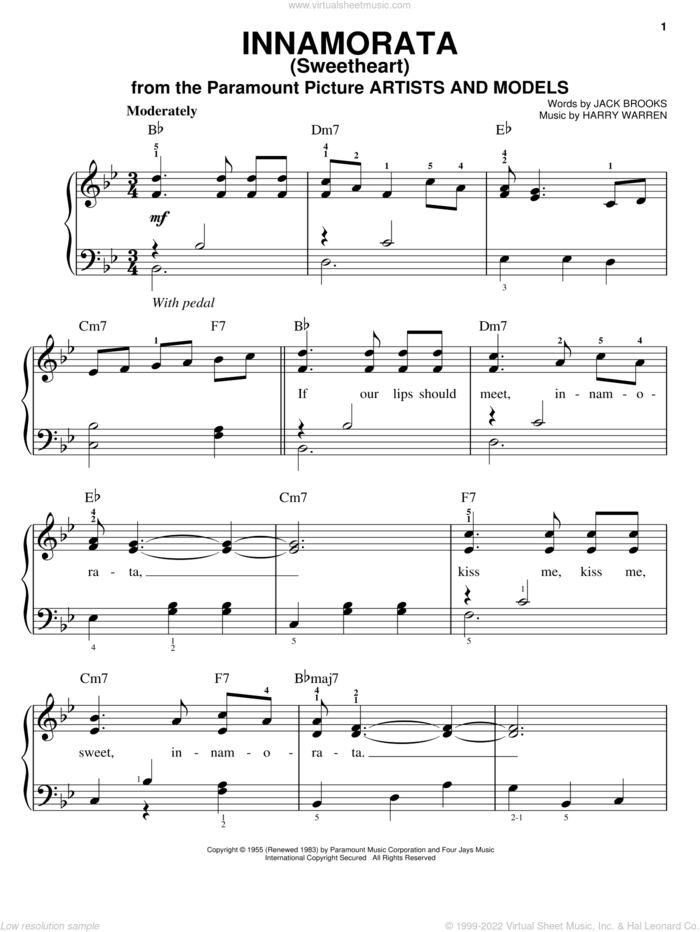 Innamorata (Sweetheart) sheet music for piano solo by Harry Warren and Jack Brooks, easy skill level