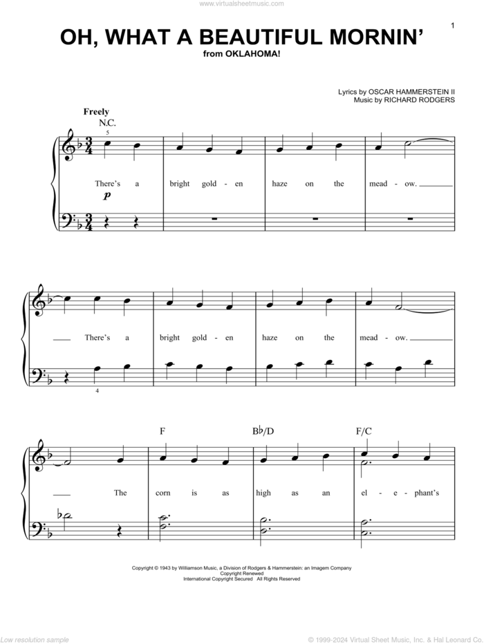 Oh, What A Beautiful Mornin' (from Oklahoma!) sheet music for piano solo by Rodgers & Hammerstein, Oklahoma! (Musical), Oscar II Hammerstein and Richard Rodgers, easy skill level