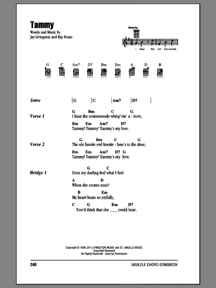 Tammy sheet music for ukulele (chords) by The Ames Brothers, intermediate skill level