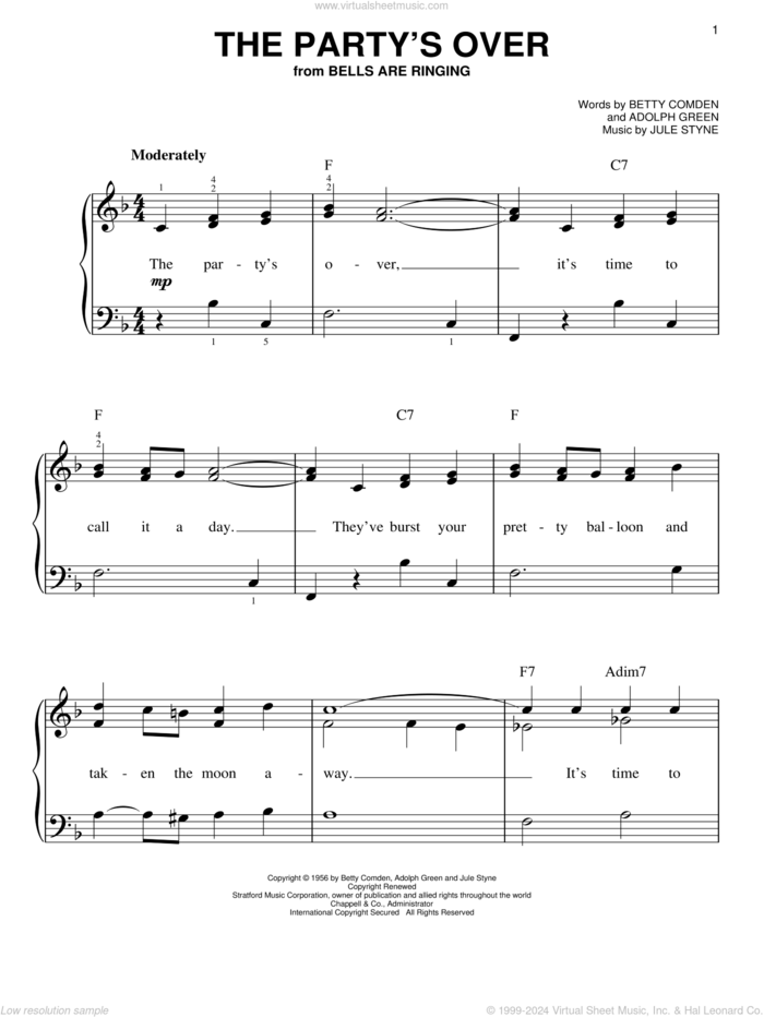 The Party's Over sheet music for piano solo by Jule Styne, Adolph Green and Betty Comden, easy skill level