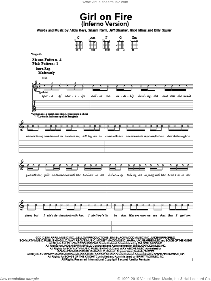 Girl On Fire (Inferno Version) sheet music for guitar solo (easy tablature) by Alicia Keys and Nicki Minaj, easy guitar (easy tablature)