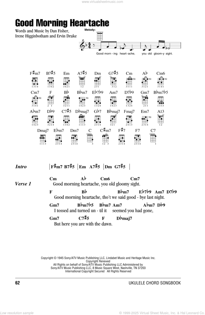 Good Morning Heartache sheet music for ukulele (chords) by Billie Holiday, intermediate skill level