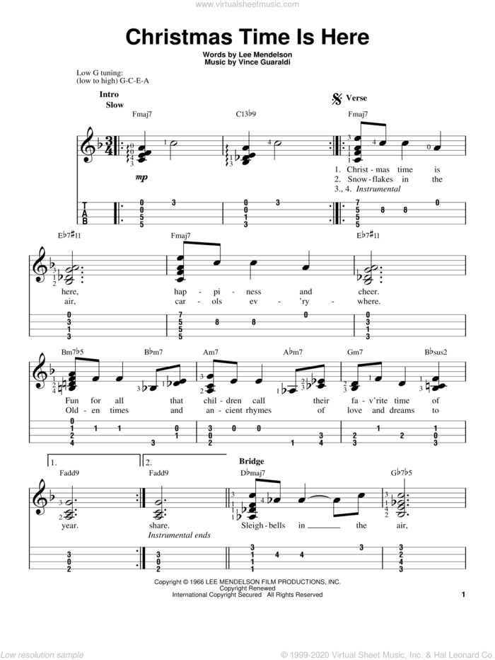 Christmas Time Is Here sheet music for ukulele (easy tablature) (ukulele easy tab) by Vince Guaraldi and Lee Mendelson, intermediate skill level