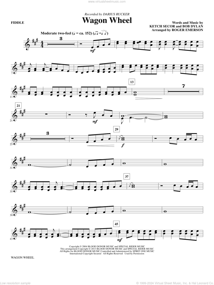 Wagon Wheel sheet music for orchestra/band (violin, fiddle) by Roger Emerson, Bob Dylan, Darius Rucker and Old Crow Medicine Show, intermediate skill level