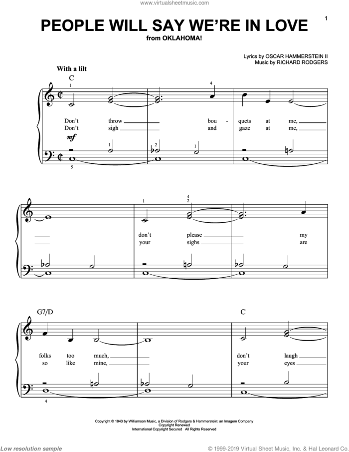 People Will Say We're In Love (from Oklahoma!) sheet music for piano solo by Rodgers & Hammerstein, Oklahoma! (Musical), Oscar II Hammerstein and Richard Rodgers, easy skill level