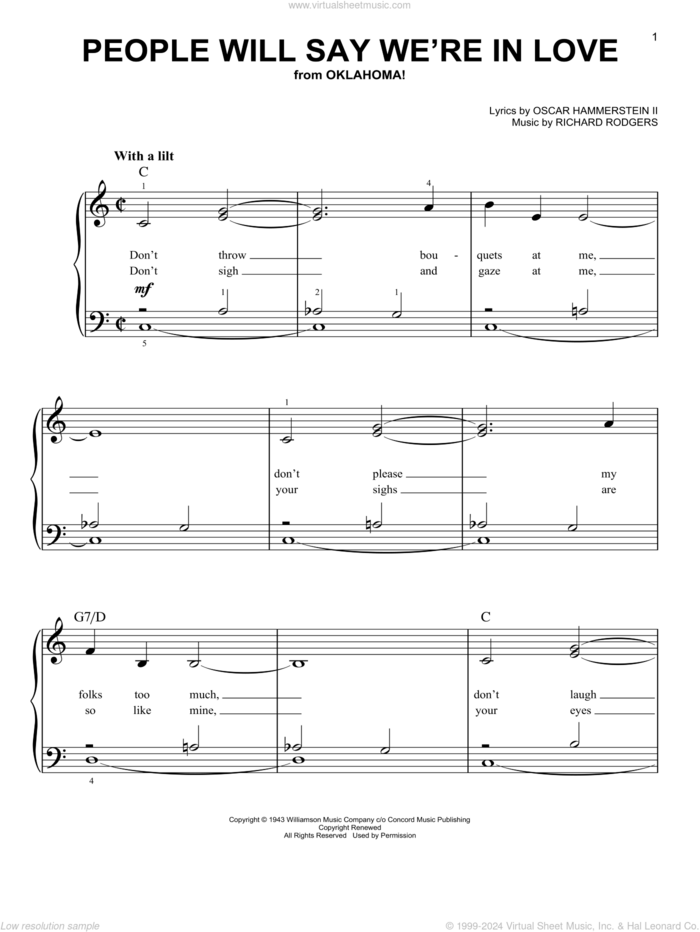 People Will Say We're In Love (from Oklahoma!) sheet music for piano solo by Rodgers & Hammerstein, Oklahoma! (Musical), Oscar II Hammerstein and Richard Rodgers, easy skill level