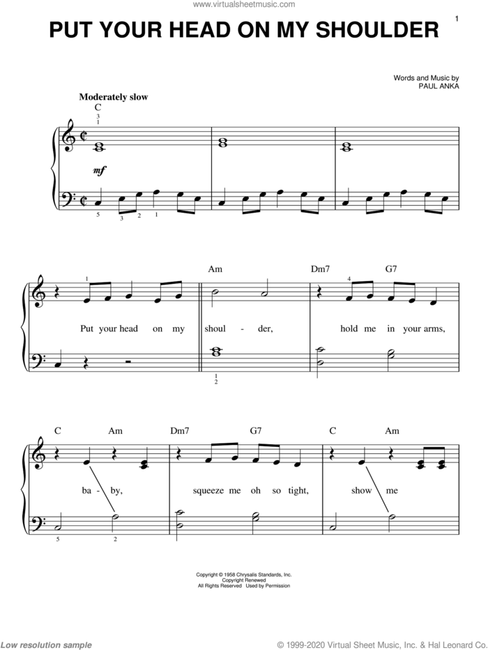 Put Your Head On My Shoulder sheet music for piano solo by Paul Anka, easy skill level