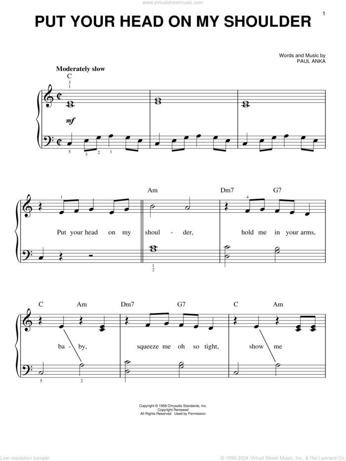 Put Your Head On My Shoulder sheet music for piano solo by Paul Anka, easy skill level