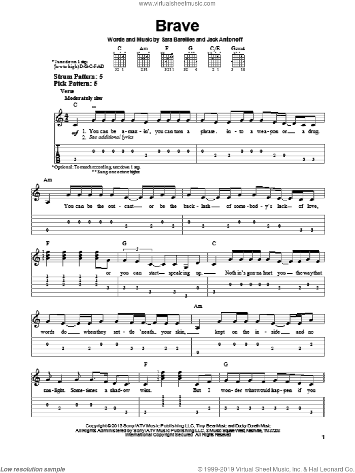 Brave sheet music for guitar solo (easy tablature) by Sara Bareilles, easy guitar (easy tablature)