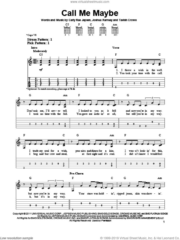 Call Me Maybe sheet music for guitar solo (easy tablature) by Carly Rae Jepsen, easy guitar (easy tablature)