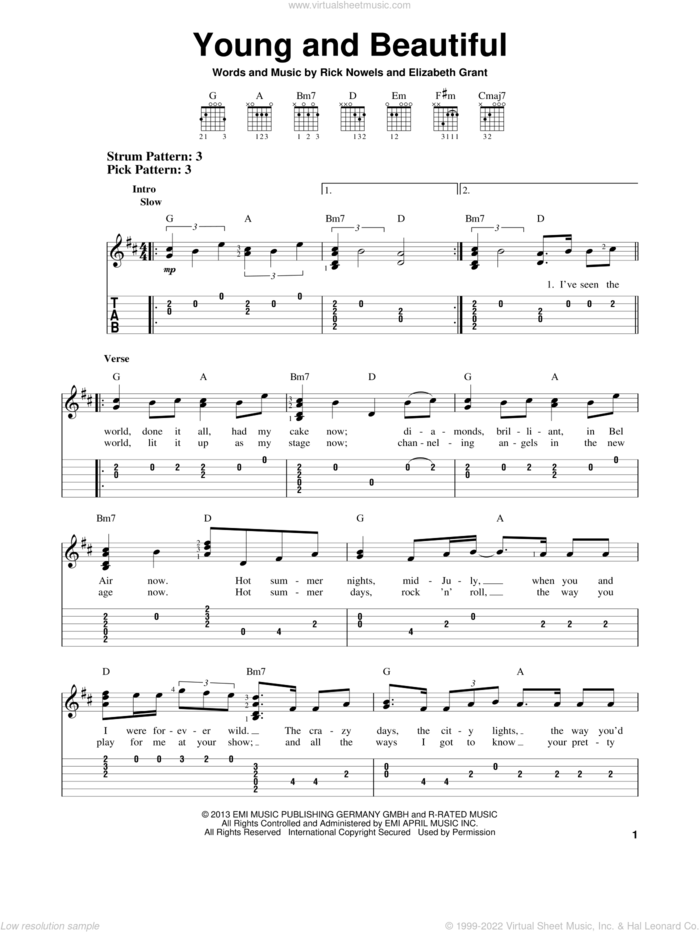 Young And Beautiful sheet music for guitar solo (easy tablature) by Lana Del Rey and Lana Del Ray, easy guitar (easy tablature)