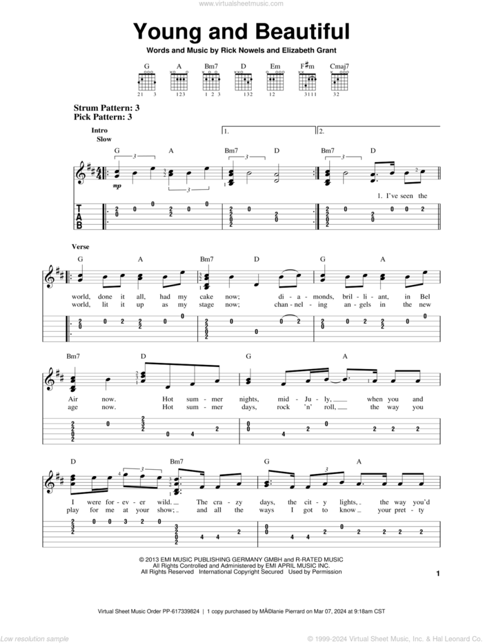 Young And Beautiful sheet music for guitar solo (easy tablature) by Lana Del Rey and Lana Del Ray, easy guitar (easy tablature)