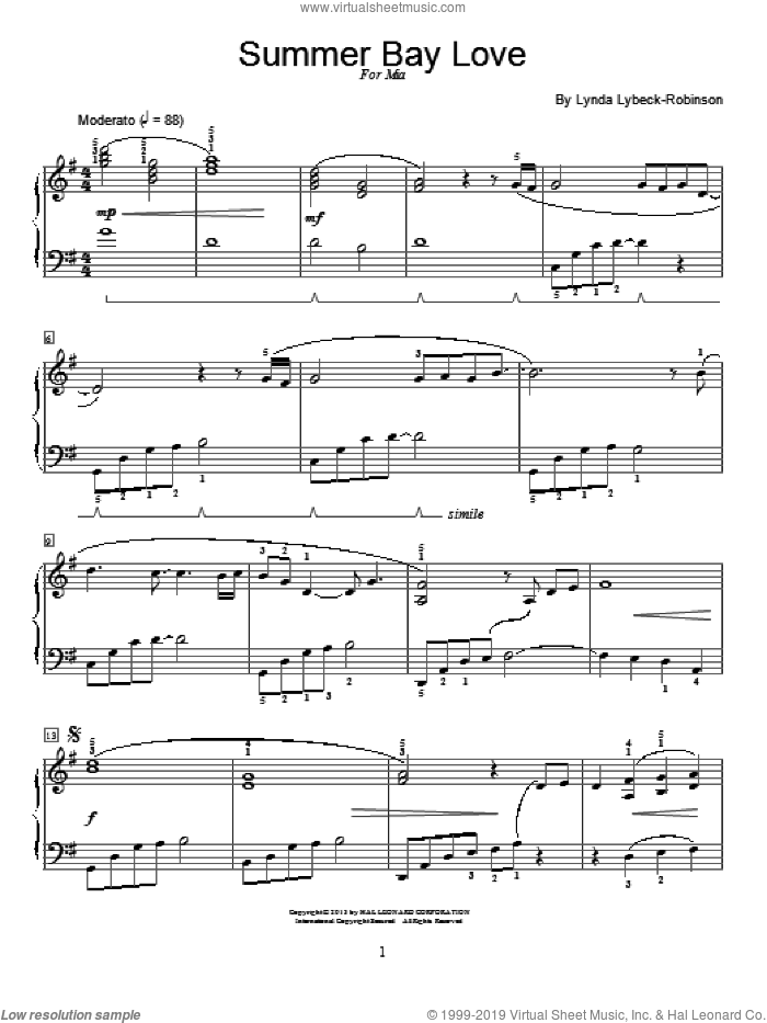 Summer Bay Love sheet music for piano solo (elementary) by Lynda Lybeck-Robinson, classical score, beginner piano (elementary)