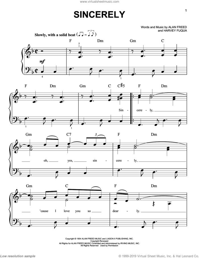 Sincerely sheet music for piano solo by McGuire Sisters, Alan Freed and Harvey Fuqua, easy skill level