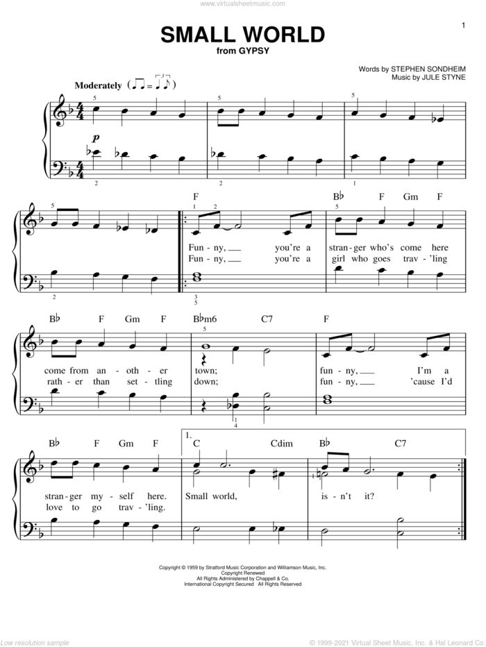 Small World sheet music for piano solo by Stephen Sondheim and Jule Styne, easy skill level