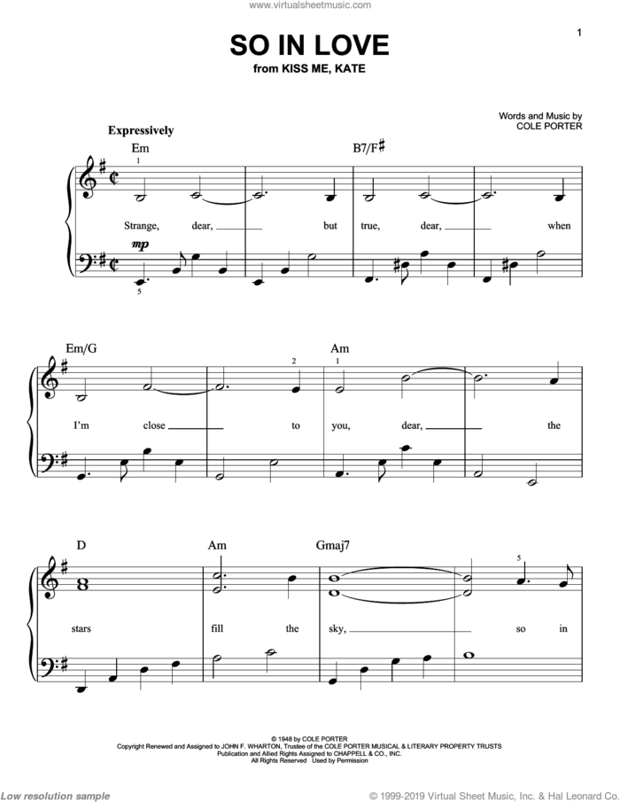 So In Love (from Kiss Me, Kate) sheet music for piano solo by Cole Porter and Kiss Me, Kate (Musical), easy skill level