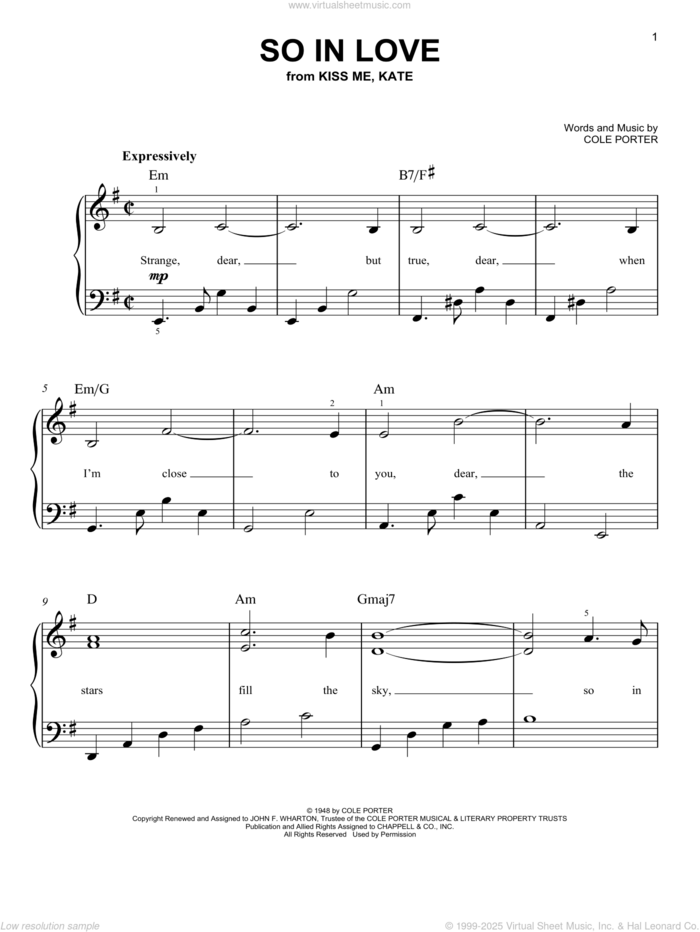 So In Love (from Kiss Me, Kate), (easy) sheet music for piano solo by Cole Porter and Kiss Me, Kate (Musical), easy skill level