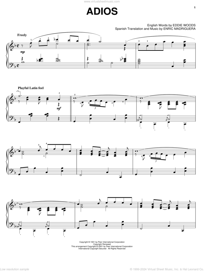 Adios sheet music for piano solo by Astor Piazzolla, Perez Prado, Eddie Woods and Enric Madriguera, intermediate skill level