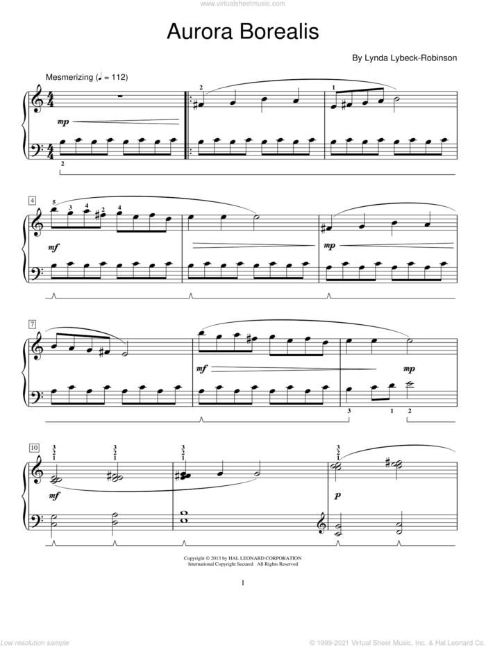 Aurora Borealis sheet music for piano solo (elementary) by Lynda Lybeck-Robinson, classical score, beginner piano (elementary)